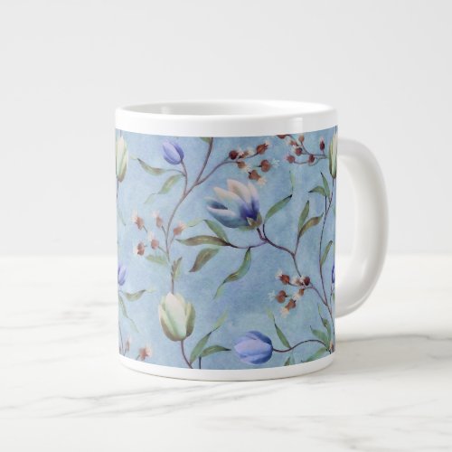 Blue  White Tulips Anemones Pattern Giant Coffee Mug