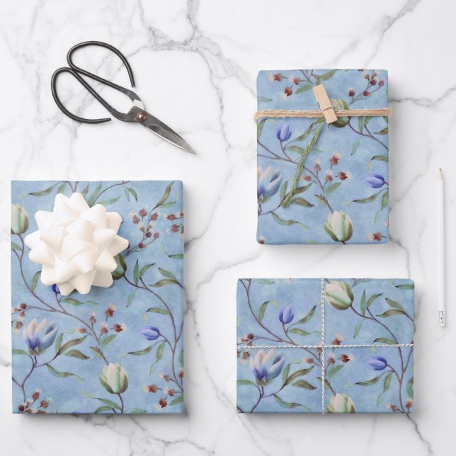 Blue & White Tulips Anemones Pattern Wrapping Paper Sheets (Front)