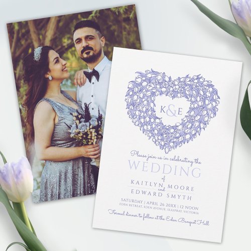 Blue white tulips drawing heart photo wedding invitation