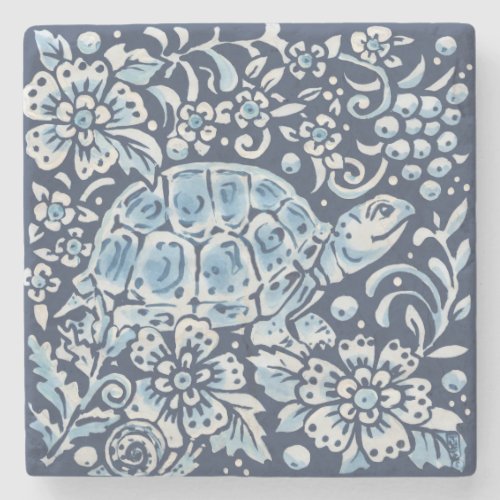 Blue  White Turtle Woodland Animal Floral Delft Stone Coaster