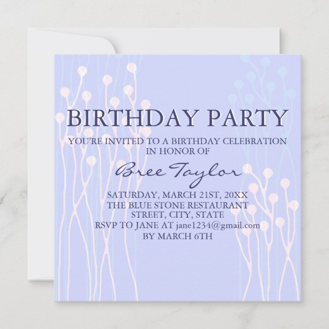 Blue & White Twig Design Birthday Invite (Front)