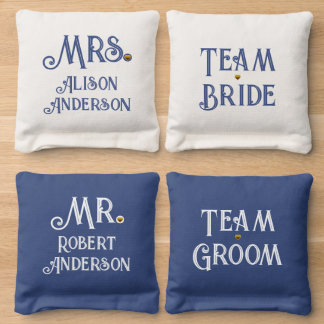 Blue white typography team bride team groom Mr Mrs Cornhole Bags