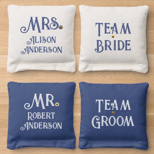 Blue white typography team bride team groom Mr Mrs Cornhole Bags