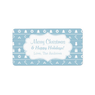 Blue White Ugly Christmas Sweater Icons Pattern Label