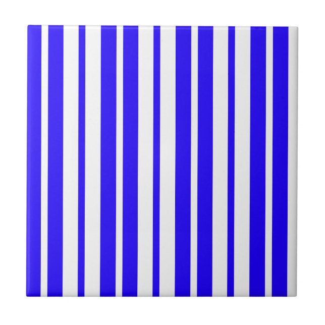 Blue White Vertical Stripes Pattern Ceramic Tile (Front)