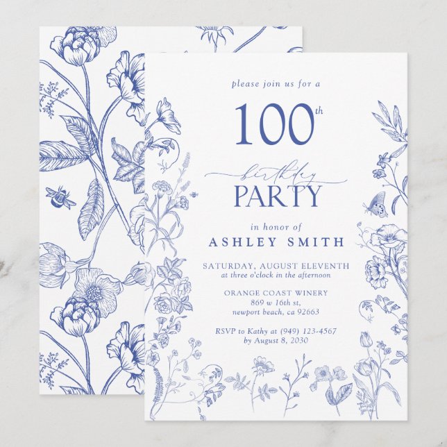 Blue & White Victorian 100th Birthday Party Floral Invitation (Front/Back)