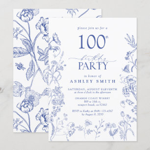 Blue & White Victorian 100th Birthday Party Floral Invitation