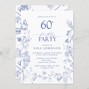 Blue & White Victorian 60th Birthday Party Floral Invitation