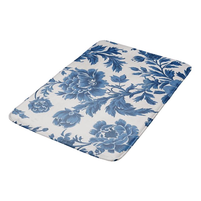 Blue & White Victorian-inspired Floral Print Bath Mat (Angled)