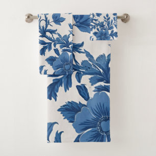 Blue & White Victorian-inspired Floral Print Bath Towel Set