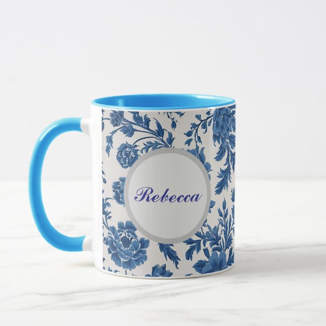 Blue & White Victorian-inspired Floral Print Mug (Left)