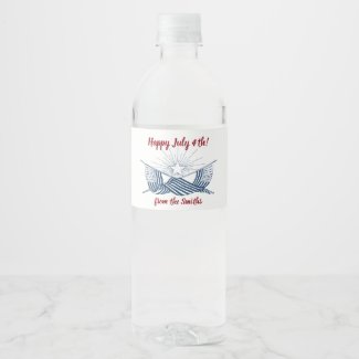 Blue & White Vintage American Flags w/Shining Star Water Bottle Label