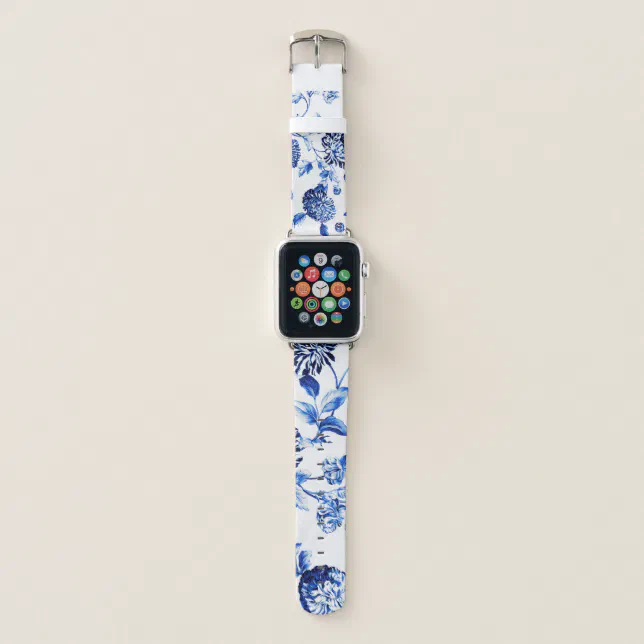 Blue White Vintage Botanical Floral Toile Flower Apple Watch  display picture 2