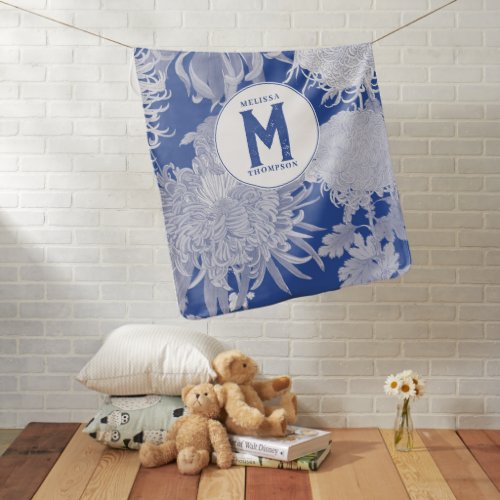 Blue White Vintage Chinoiserie Floral Monogram Baby Blanket