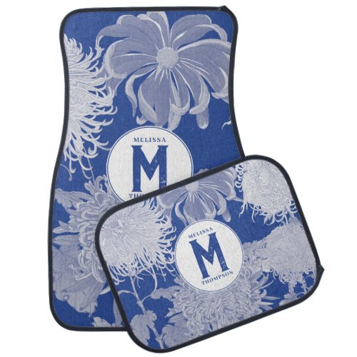 Blue White Vintage Chinoiserie Floral Monogram Car Floor Mat