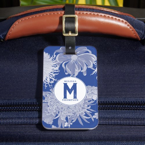 Blue White Vintage Chinoiserie Floral Monogram Luggage Tag