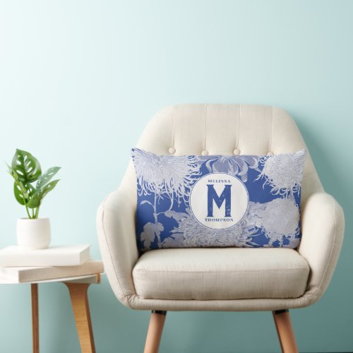 Blue White Vintage Chinoiserie Floral Monogram Lumbar Pillow