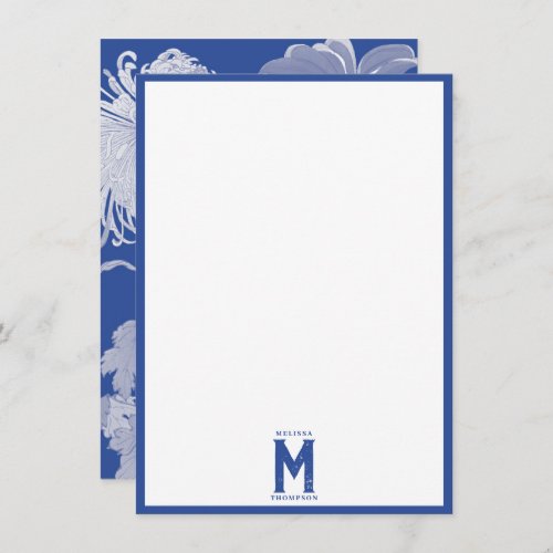 Blue White Vintage Chinoiserie Floral Monogram Note Card