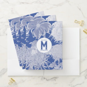 Blue White Vintage Chinoiserie Floral Monogram Pocket Folder