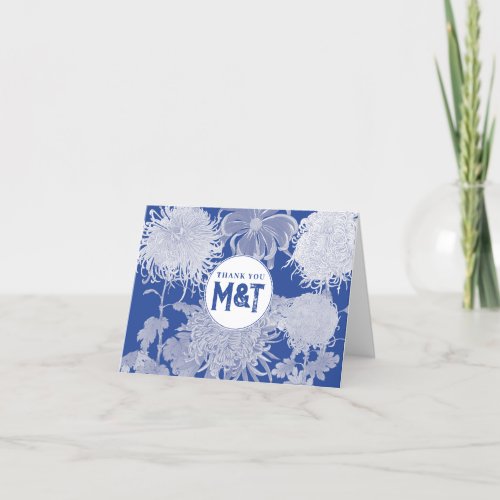 Blue White Vintage Chinoiserie Floral Monogram Thank You Card