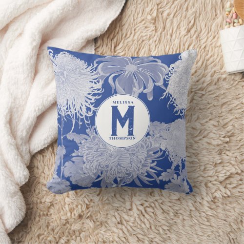 Blue White Vintage Chinoiserie Floral Monogram Throw Pillow