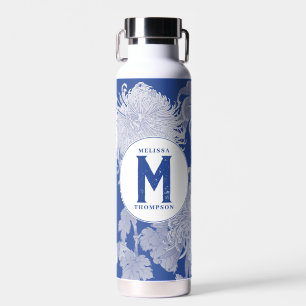 Blue White Vintage Chinoiserie Floral Monogram Water Bottle