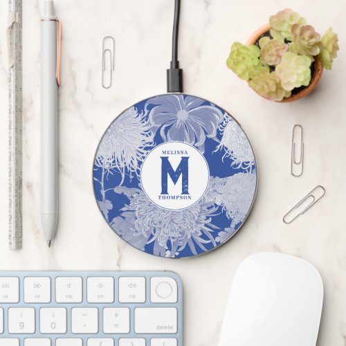 Blue White Vintage Chinoiserie Floral Monogram Wireless Charger