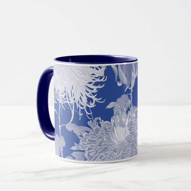 Blue White Vintage Chinoiserie Floral Pattern Mug (Front Left)