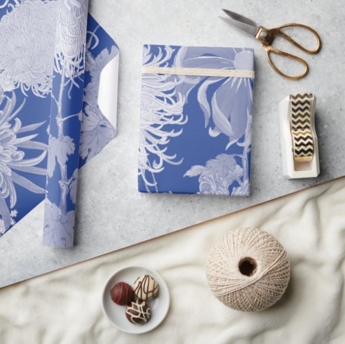 Blue White Vintage Chinoiserie Floral Pattern Wrapping Paper