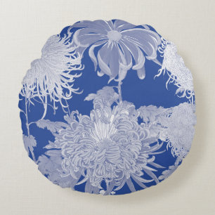 Blue White Vintage Chinoiserie Floral Round Pillow