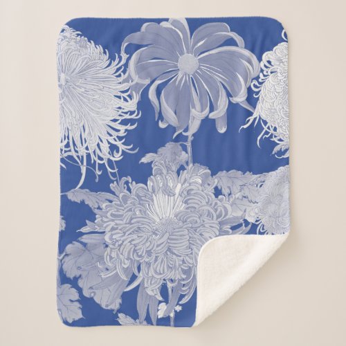 Blue White Vintage Chinoiserie Floral  Sherpa Blanket