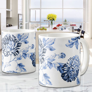 Blue & White Vintage Dahlia Floral Coffee Mug