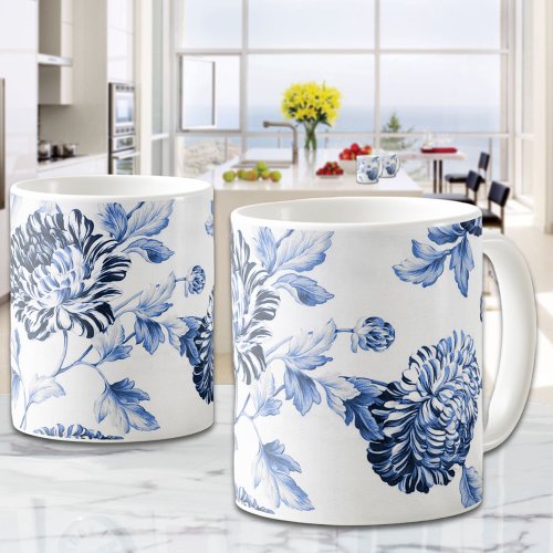 Blue  White Vintage Dahlia Floral  Coffee Mug