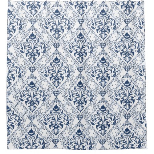 Blue White Vintage Damask Pattern Elegant Shower Curtain