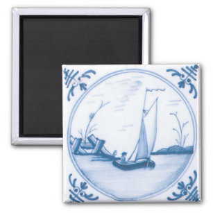 Blue White Vintage Delft Sailboat Art Tile Magnet