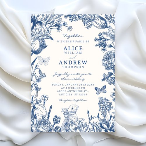 Blue white Vintage floral botanical wedding Invitation