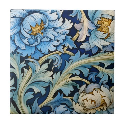 Blue  White Vintage Floral Ceramic Tile