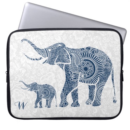Blue  White Vintage Floral Elephant Illustration Laptop Sleeve