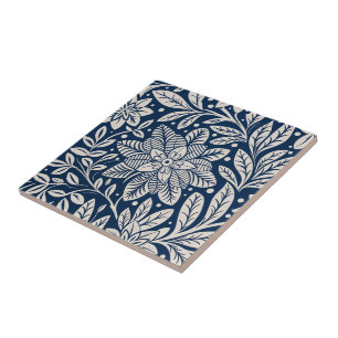 Blue & White Vintage Floral Pattern Ceramic Tile