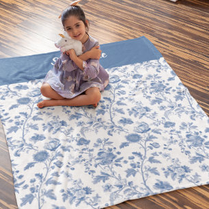 Blue White Vintage Floral Personalized Name Baby Blanket