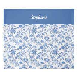 Blue White Vintage Floral Personalized Name Duvet Cover