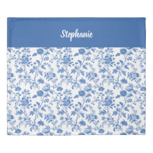 Blue White Vintage Floral Personalized Name Duvet Cover