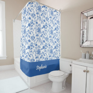 Blue White Vintage Floral Personalized Name Shower Curtain