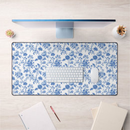 Blue White Vintage Floral Toile Pattern Desk Mat