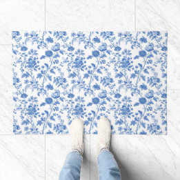 Blue White Vintage Floral Toile Pattern Doormat