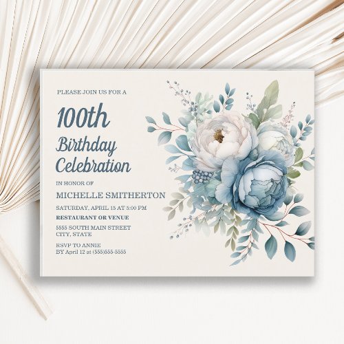 Blue White Vintage Floral Womens 100th Birthday Invitation Postcard