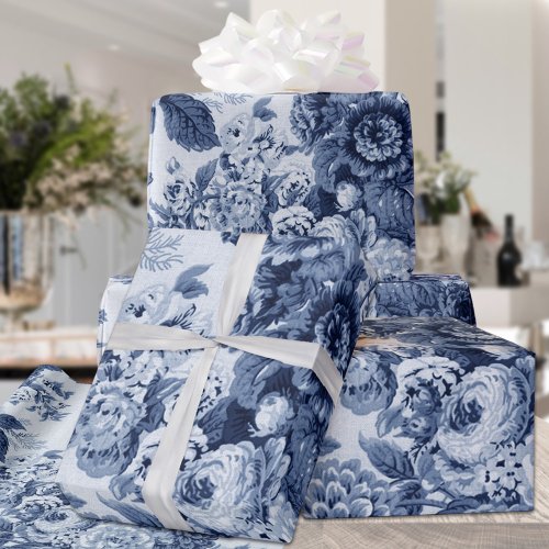 Blue  White Vintage Flowers Floral Wrapping Paper Sheets