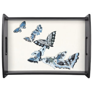 Blue & White Vintage Japanese Butterfly Art Serving Tray