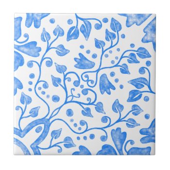 Blue White Vintage Original Unique Watercolor Ceramic Tile by pinkpinetree at Zazzle