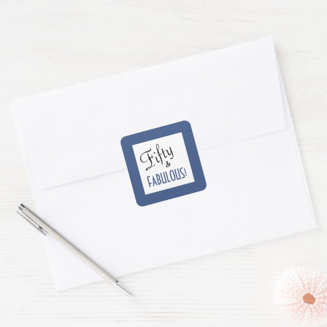 Blue & White Vintage Script Fifty & FABULOUS Square Sticker (Envelope)